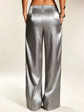 Solid Color Satin Pocket Zipper Long Pants