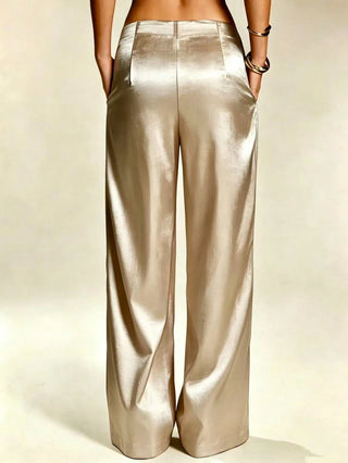 Solid Color Satin Pocket Zipper Long Pants