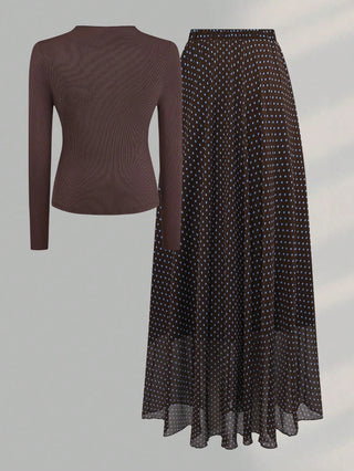 Solid Crew Neck Pleated Fitted Long Sleeve T-Shirt + Leopard Print Skirt
