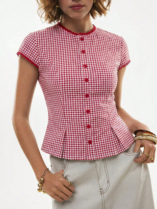 Lace-Trim Peplum Button-Down Blouse