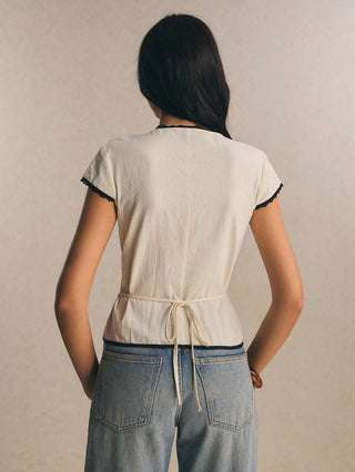 Lace-Trim Peplum Button-Down Blouse