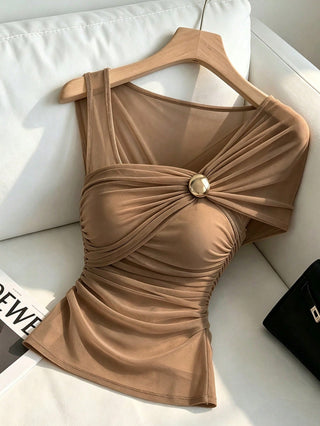 Asymmetrical Design Pleated With Gold Decorative Buckle Short Top