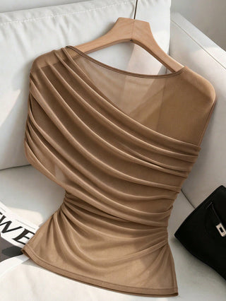 Asymmetrical Design Pleated With Gold Decorative Buckle Short Top