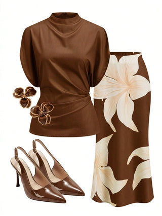Pleated Top And Floral Print Skirt