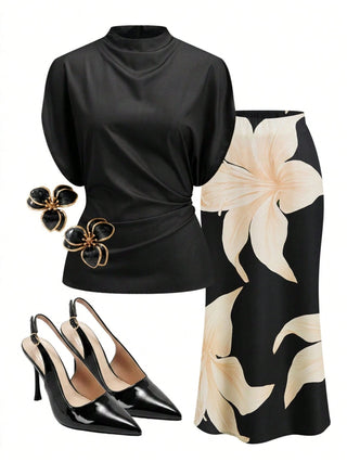 Pleated Top And Floral Print Skirt