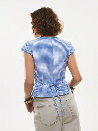 Lace-Trim Peplum Button-Down Blouse