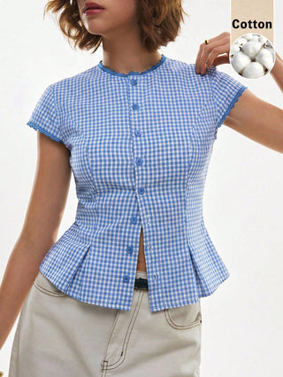 Lace-Trim Peplum Button-Down Blouse