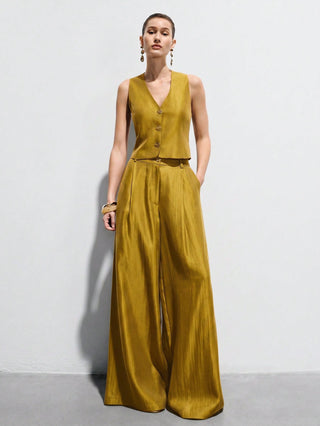 Satin Sleeveless Tailored Vest High-Waisted Wide-Leg Pants Suit