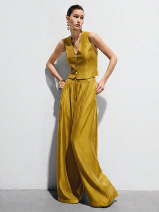 Satin Sleeveless Tailored Vest High-Waisted Wide-Leg Pants Suit
