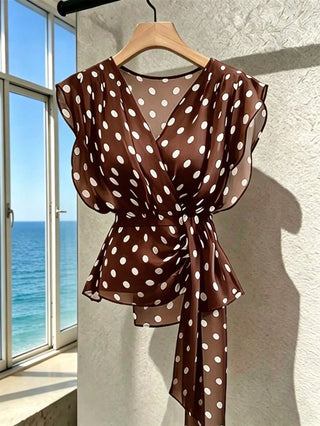 Polka Dot V-Neck High-End Mesh Elegant Sleeveless Blouse