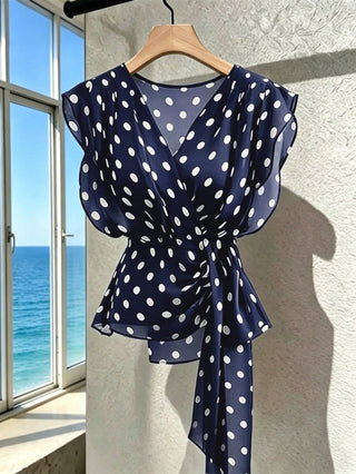 Polka Dot V-Neck High-End Mesh Elegant Sleeveless Blouse