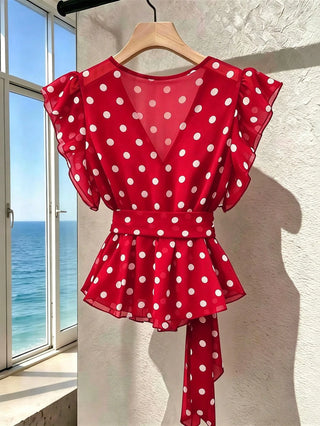 Polka Dot V-Neck High-End Mesh Elegant Sleeveless Blouse