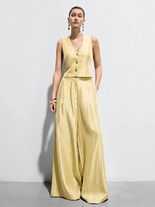 Satin Sleeveless Tailored Vest High-Waisted Wide-Leg Pants Suit