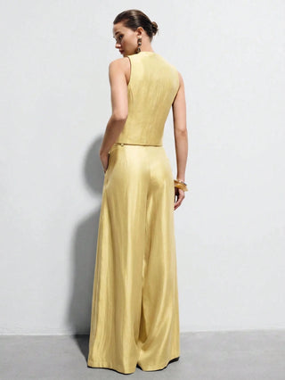 Satin Sleeveless Tailored Vest High-Waisted Wide-Leg Pants Suit