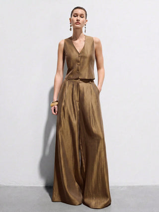 Satin Sleeveless Tailored Vest High-Waisted Wide-Leg Pants Suit