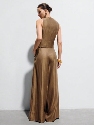 Satin Sleeveless Tailored Vest High-Waisted Wide-Leg Pants Suit
