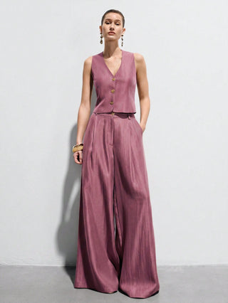 Satin Sleeveless Tailored Vest High-Waisted Wide-Leg Pants Suit