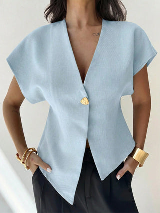 V-Neck Single-Breasted Asymmetric Hem Sleeveless Top