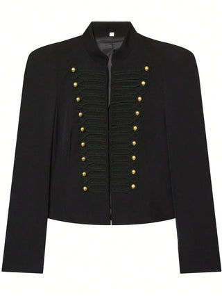 Military Style Blazer Jacket With Braided Trim And Puff Cuffs