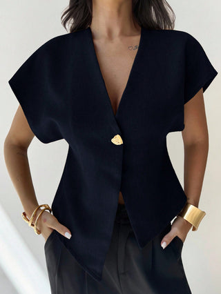 V-Neck Single-Breasted Asymmetric Hem Sleeveless Top