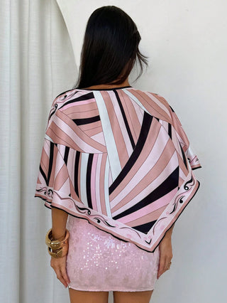 Asymmetrical Batwing Sleeve Satin Printed Blouse