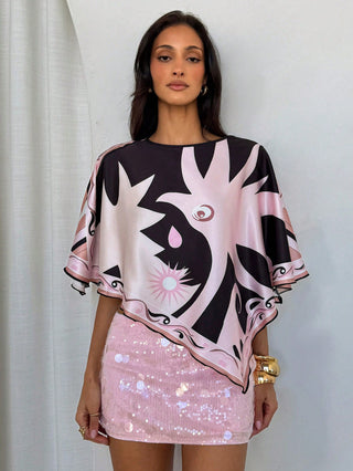 Asymmetrical Batwing Sleeve Satin Printed Blouse