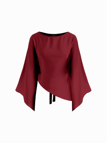 Satin Boat Neck Bell Sleeve Asymmetrical Blouse