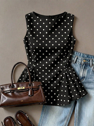 Retro Polka Dot Sleeveless Fitted Waist A-Line Blouse