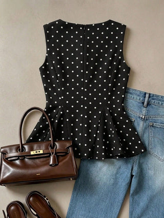 Retro Polka Dot Sleeveless Fitted Waist A-Line Blouse