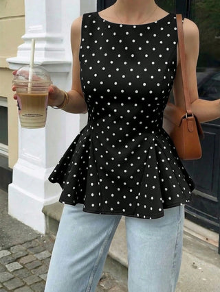 Retro Polka Dot Sleeveless Fitted Waist A-Line Blouse