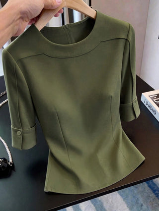 Solid Color Round Neck Casual Versatile Daily Outing Shirt