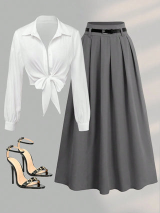 Long Sleeve Short Blouse With Tie + Pleated Waistband Design Long Skirt