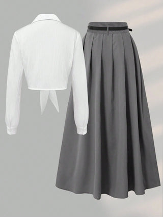 Long Sleeve Short Blouse With Tie + Pleated Waistband Design Long Skirt