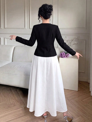 Round Neck Metal Button Jacket Flared Skirt Set