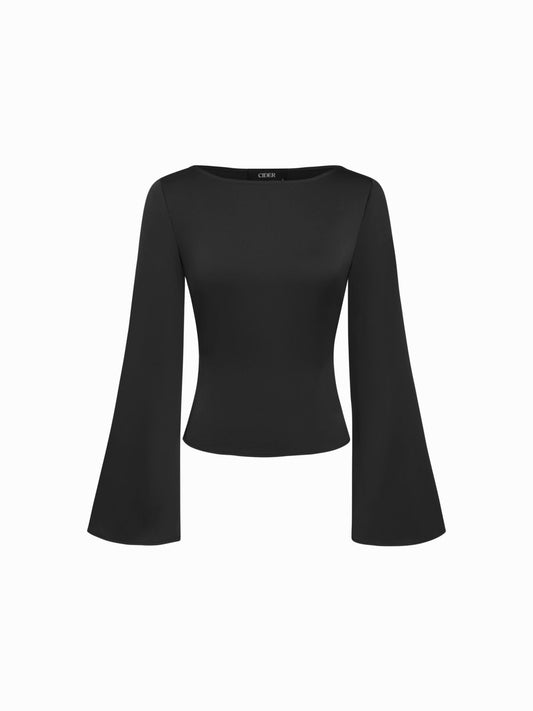 Satin Boat Neck Bell Sleeve Blouse