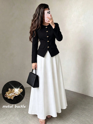 Round Neck Metal Button Jacket Flared Skirt Set