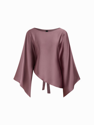 Satin Boat Neck Bell Sleeve Asymmetrical Blouse