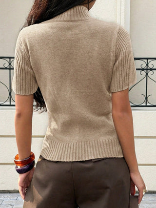 Solid Color Turtleneck Short Sleeve Knit Top