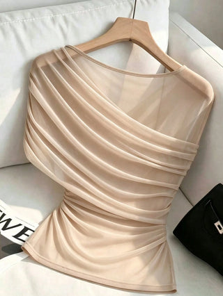 Asymmetrical Design Pleated With Gold Decorative Buckle Short Top