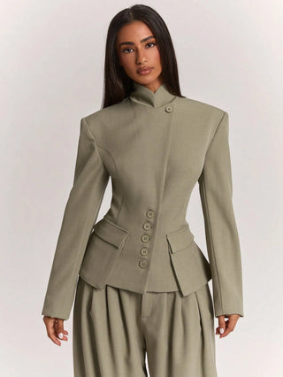 Wide Shoulder Cinched Waist Utility Pocket Decor Short Long Sleeve Blazer