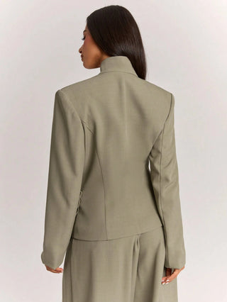 Wide Shoulder Cinched Waist Utility Pocket Decor Short Long Sleeve Blazer