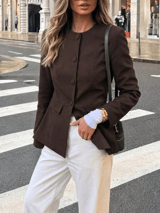 Round Neck Waist-Cinching Blazer