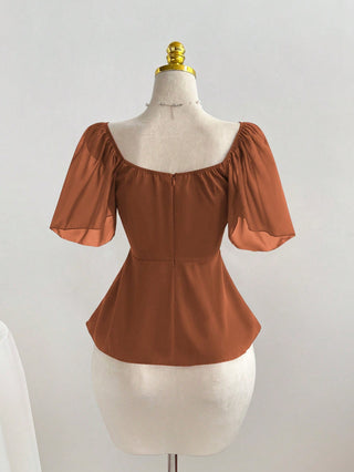 Square Neck Pleated Waist Flared Hem Women Top