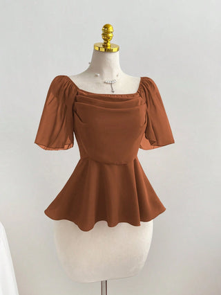 Square Neck Pleated Waist Flared Hem Women Top