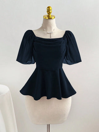 Square Neck Pleated Waist Flared Hem Women Top