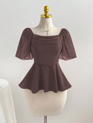 Square Neck Pleated Waist Flared Hem Women Top