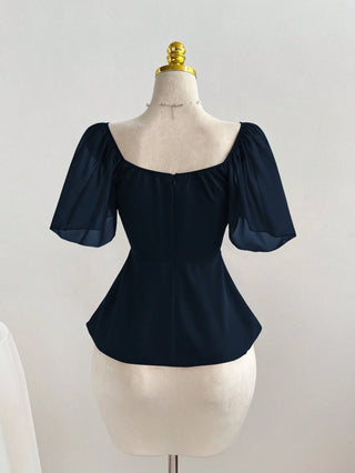 Square Neck Pleated Waist Flared Hem Women Top