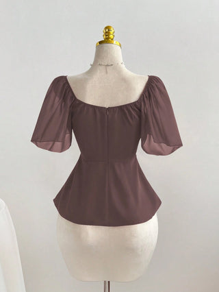 Square Neck Pleated Waist Flared Hem Women Top