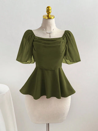 Square Neck Pleated Waist Flared Hem Women Top