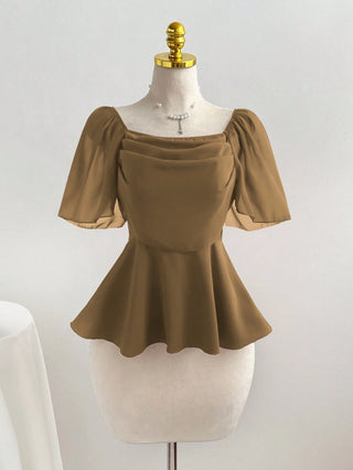 Square Neck Pleated Waist Flared Hem Women Top